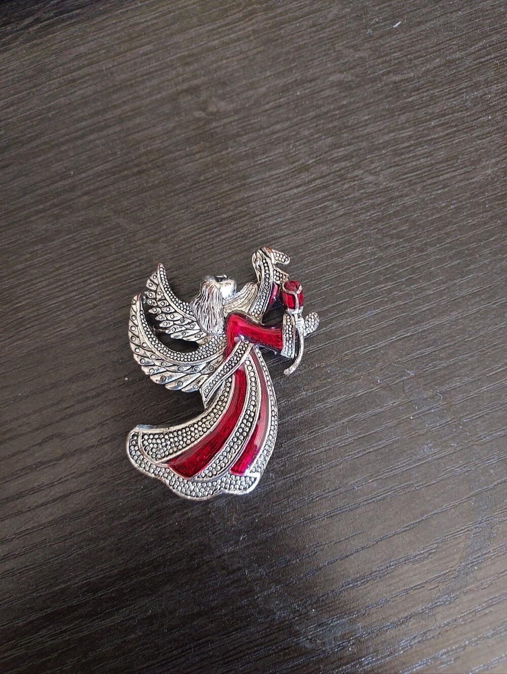 Silver-Tone Angel Brooch with Red Enamel Accents - Women Jewelry